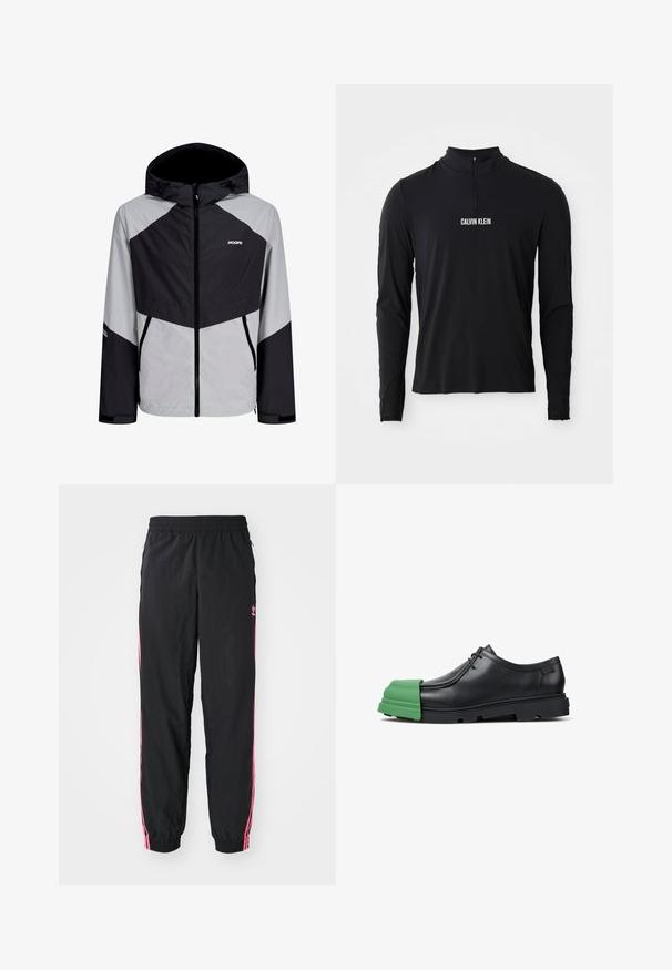 Musta- ja harmaa tuulitakki, jossa on huppu, vetoketjullinen etuosa, vinosti sijoitetut värilohkot ja joustavat hihansuut. Sisältää logotunnuksen.; Musta pitkähihainen paita, jossa on korkea kaulus, neljännesvetoketju ja valkoinen "CALVIN KLEIN" logo edessä. Sileä, joustava materiaali.; Mustat tuulipuvun housut, joissa on vaaleanpunaiset sivu raidat, joustava vyötärö ja hihansuut. Oikealla lahkeessa on hillitty brändäys. Sujuva materiaali.; Musta nahkainen nauhallinen juhlakenkä, jossa on ominainen paksu vihreä kuminen kärkikumi ja paksu musta pohja.
