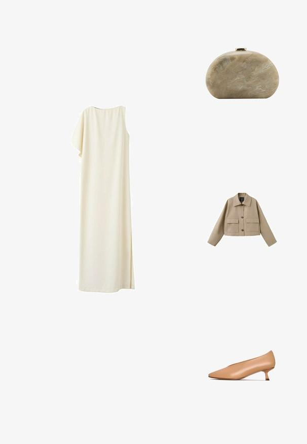 Beige cropped jas met brede kraag, drie knopen aan de voorkant en twee grote klepzakken op een witte achtergrond.; Lange mouwloze crèmewitte jurk met één asymmetrisch gedrapeerde schouder en een zijschuif, weergegeven op een witte achtergrond.; Nude leren pumps met een spitse neus, lage kittenheel en een gladde textuur. Minimalistisch ontwerp zonder zichtbare patronen of hardwaredetails.; Kleine beige marmeren harde schaal clutch tas met afgeronde vorm en gouden sluiting bovenop.