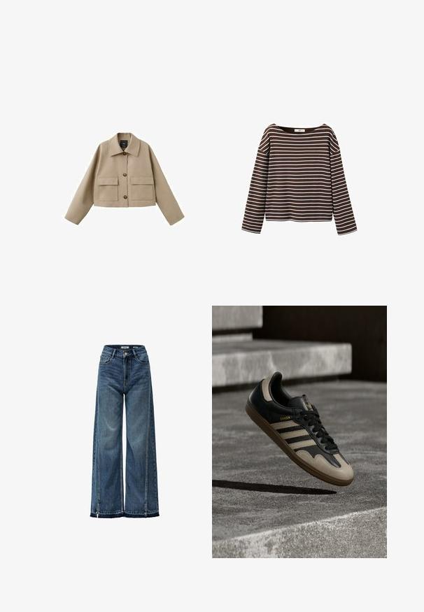 Beige kurze Jacke mit weitem Kragen, drei vorne angebrachten Knöpfen und zwei großen Pattentaschen vor weißem Hintergrund.; Braunes Langarmshirt mit weißen horizontalen Streifen und weitem Rundhalsausschnitt, vor weißem Hintergrund präsentiert.; Weite blaue Denim-Jeans mit hoher Taille, die subtile Verwaschungen, Kontrastnähte und einen rohen Saum am Knöchel aufweisen.; Schwarzer und beiger Ledersneaker mit drei weißen Streifen, tannengrüner Gummisohle und goldener "Samba"-Detailierung an der Seite.