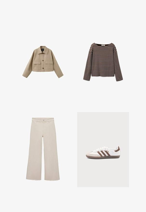Beige cropped jas met brede kraag, drie knopen aan de voorkant en twee grote klepzakken op een witte achtergrond.; Bruin shirt met lange mouwen en witte horizontale strepen, met een brede ronde halslijn, weergegeven tegen een witte achtergrond.; Beige wijde jeans met een hoge taille, gemaakt van denimstof. Heeft een rauwe zoom aan de onderkant en een sluiting met een knop en rits aan de voorkant.; Witte Adidas Samba sneaker met bruine suède strepen, bruine suède neus en gumzool op een lichtgrijze achtergrond.