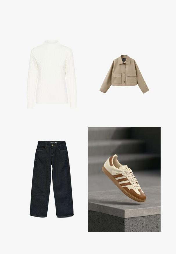 Veste beige raccourcie avec col large, trois boutons sur le devant et deux grandes poches à rabat sur fond blanc.; Pull en maille torsadée blanche avec un col montant, des manches longues et un motif texturé. Le tissu semble doux et légèrement extensible.; Jean en denim large bleu foncé avec poches avant et poche à monnaie, surpiqûres jaunes contrastantes, fermeture à bouton et passants de ceinture.; Baskets classiques avec une tige en cuir crème, des accents marron, trois bandes et une semelle en caoutchouc texturée. Elles présentent un bout arrondi et une fermeture à lacets.