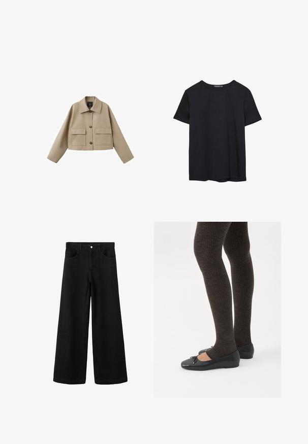 Veste beige raccourcie avec col large, trois boutons sur le devant et deux grandes poches à rabat sur fond blanc.; T-shirt en coton noir à manches courtes, col rond, présenté sur un fond blanc.; Pantalon large en denim noir à taille haute, doté de poches avant, d'une fermeture à boutons et d'une texture lisse sans usure apparente.; Jambes portant des leggings côtelés foncés associés à des ballerines noires avec de petits détails en nœud sur fond blanc.