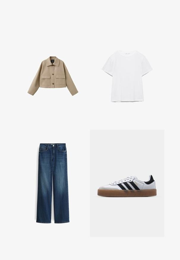 Beige cropped jas met brede kraag, drie knopen aan de voorkant en twee grote klepzakken op een witte achtergrond.; Effen wit T-shirt met korte mouwen en ronde hals, met een rechte zoom, gepresenteerd tegen een witte achtergrond.; Wijduitlopende donkerblauwe denim jeans met een lichte vervaging, voorzien van vijf zakken en een metalen knoopsluiting bij de taille.; Witte leren sneakers met zwarte strepen, gumrubberen buitenzool, ronde neus, vetersluiting en een zachte grijze suède neuskap.