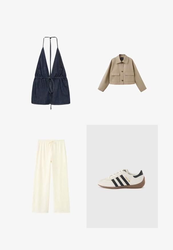 Beige cropped jakke med bred krave, tre knapper foran og to store klaplommer på hvid baggrund.; Jeans-overdel med en dyb V-udskæring og justerbare bånd. Har samlet stof ved taljen med en indsnævret design, i en mørkeblå nuance.; Kremfarvede bukser med vide ben, elastisk talje og snøre, lavet af blødt letvægtsstof.; Hvid Adidas-sneaker med sorte striber, brun tekstureret sål og "SPEZIAL" i guldbogstaver på siden, set fra ydersiden.