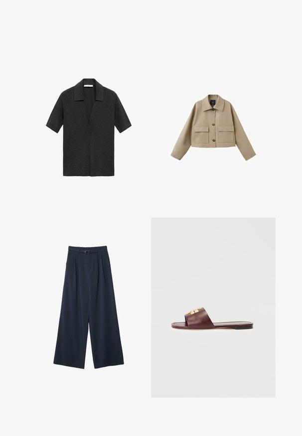 Beige cropped jakke med bred krave, tre knapper foran og to store klaplommer på hvid baggrund.; Mørkegrå kortærmet polo skjorte lavet af blødt stof, med en klapkrave og tre-knaps stolpe foran.; Marineblå bukser med vidde og plisseringer, med bæltestrop foran og fladt taljebånd. Fremstillet af blødt materiale, der giver en løs pasform hele vejen rundt.; Flad bordeaux lædersandal med guld dekorativ hardware på den brede rem, sort sål og åbent tådesign.