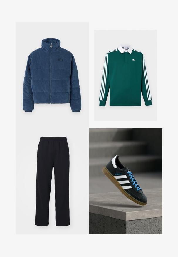Chaqueta de pullover acolchada en corduroy azul oscuro con un cuello alto, cierre de cremallera y un pequeño parche con logo en el pecho. Superficie texturizada.; Camiseta de rugby de manga larga de color verde oscuro con cuello blanco, tres rayas blancas en las mangas y pequeño logo blanco de Adidas en el pecho.; Pantalones de chándal negros con cinturilla elástica, piernas rectas y detalles cosidos. Hechos de una tela suave y texturizada.; Zapatilla negra Adidas con franjas blancas, cordones azules y suela de goma flotando sobre un escalón de hormigón gris con luz suave.