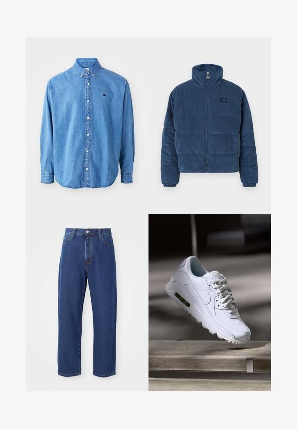 Veste pull rembourrée en velours côtelé bleu foncé avec un col haut, fermeture éclair et petite étiquette logo sur la poitrine. Surface texturée.; Chemise en denim, couleur bleu clair, avec un col pointu, des manches longues et un petit logo sur la poitrine. Comprend des boutons blancs et des coutures brodées.; Jeans en denim taille haute de couleur bleue, avec une coupe droite, des coutures visibles et une fermeture à bouton à l'avant.; Baskets blanches en cuir avec des surfaces texturées, un col rembourré et un amorti d'air visible dans la semelle. Elles possèdent des lacets et un design minimaliste.