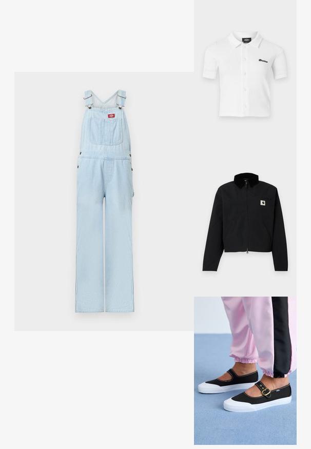 Veste zippée noire avec un col en velours côtelé, deux poches latérales, une poche poitrine zippée, et un écusson blanc Carhartt sur la poitrine.; Salopette en denim bleu clair avec bretelles réglables, poche avant avec écusson logo rouge et jambes larges et droites.; Chemise blanche à manches courtes boutonnée avec col, tissu texturé et logo noir "Dickies" brodé sur le côté gauche de la poitrine.; Baskets noires en toile avec une semelle blanche, présentant un design découpé et une sangle en boucle dorée. Portées avec un pantalon de survêtement rose.