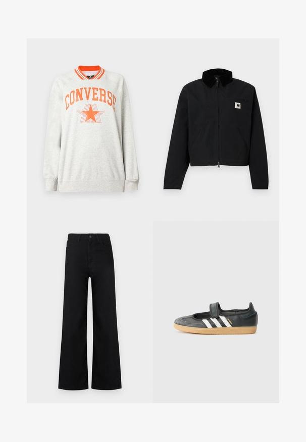 Veste zippée noire avec un col en velours côtelé, deux poches latérales, une poche poitrine zippée, et un écusson blanc Carhartt sur la poitrine.; Sweat-shirt à manches longues gris clair avec col rayé orange et texte "CONVERSE" ainsi que logo étoile en orange sur la poitrine.; Jean noir taille haute à jambes larges avec poches avant et arrière, fermeture à bouton et fermeture éclair, présenté sur fond blanc.; Sneaker en cuir noir et suède avec une sangle Velcro, arborant trois bandes blanches et une semelle en caoutchouc, étiqueté "SAMBA" sur le côté.