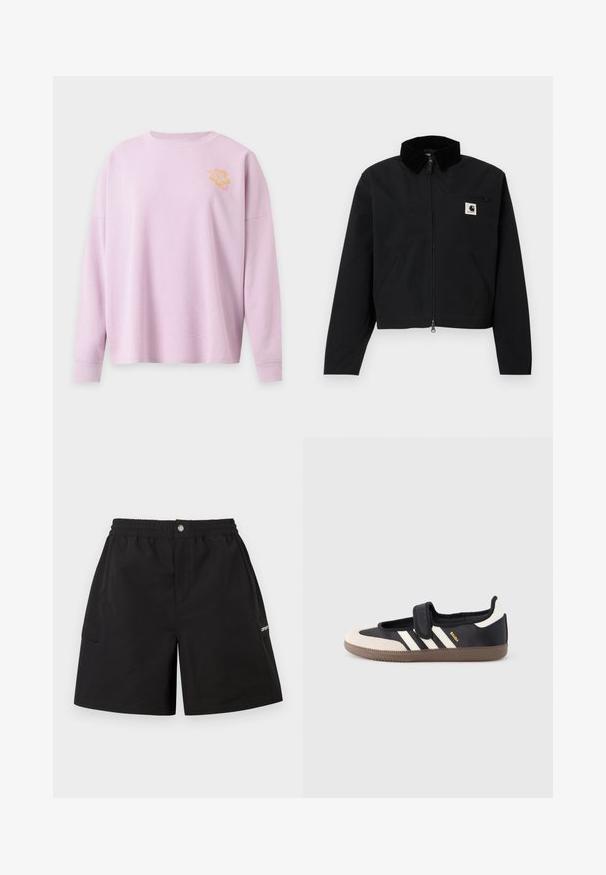 Veste zippée noire avec un col en velours côtelé, deux poches latérales, une poche poitrine zippée, et un écusson blanc Carhartt sur la poitrine.; Pull rose clair à manches longues en maille gaufrée avec col rond et petit motif de fleur d’hibiscus jaune sur la partie supérieure gauche de la poitrine.; Shorts noirs en tissu léger avec une taille élastique, des poches avant et une poche cargo latérale. Design simple et utilitaire.; Baskets noires et beiges avec une bride en velcro, trois bandes blanches sur le côté, et une semelle en caoutchouc marron texturée. Logo de la marque visible.