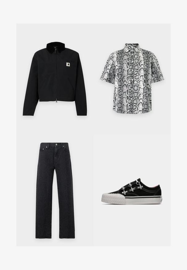 Veste zippée noire avec un col en velours côtelé, deux poches latérales, une poche poitrine zippée, et un écusson blanc Carhartt sur la poitrine.; Chemise à manches courtes avec boutons, à motif peau de serpent noir et blanc et col classique sur fond uni.; Jean noir taille haute à jambe droite avec un motif léopard subtil, bouton frontal, fermeture éclair et design à cinq poches.; Baskets en toile noires avec accessoires en métal argenté, dotées d'une languette rembourrée, d'une semelle en caoutchouc blanche et d'un embout arrondi strié. Couture contrastante sur les côtés.