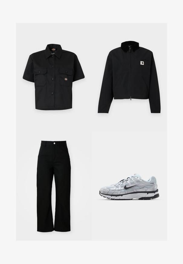 Veste zippée noire avec un col en velours côtelé, deux poches latérales, une poche poitrine zippée, et un écusson blanc Carhartt sur la poitrine.; Chemise noire à manches courtes en tissu durable, dotée de deux grandes poches avant et d'un design à rabat avec un col.; Pantalons noirs taille haute, coupe droite avec poches avant, passants de ceinture et fermeture à bouton argenté sur un fond blanc.; Baskets Nike P-6000 avec une tige en mesh gris clair, des accents noirs et une semelle en caoutchouc noir durable. Présente un design complexe et un système de laçage.