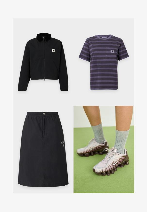 Sort zip-jakke med en kordfløjskrave, to sidelommer, en lynlåslomme på brystet og et hvidt Carhartt-logo-patch på brystet.; Lilla stribet t-shirt med en lomme på venstre bryst, der har vandrette sorte striber. Blødt stof, korte ærmer, rund halsudskæring.; Sort nederdel lavet af letvægtsstof med elastik i taljen og frontknaplukning, med broderede detaljer på siden.; Nike sneakers i lys pink og brun, med en tekstureret overdel, lagdelt design og en polstret sål med synlige luftenheder.