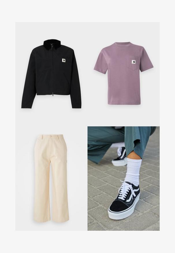 Mustat vetoketjulliset takit, joissa on corduroy-kaulus, kaksi sivutaskua, vetoketjullinen rintatasku ja valkoinen Carhartt-logo-patch rintataskussa.; Liila puuvillane T-särk, millel on ümar kaelus, lühikesed varrukad ja vasakul rinnal tasku, millel on logo silti. Sile tekstuur, vabalt istuv.; Vaaleanbeige leveät housut, jotka on valmistettu puuvillasta, jossa on sileä pinta. Housuissa on edessä nappisuljetus ja sivutaskut.; Mustat mokkakengät valkoisilla yksityiskohdilla ja nauhoilla, joissa on paksu valkoinen pohja ja kontrastivärinen ommel, yhdistettynä valkoiseen sukkaan.