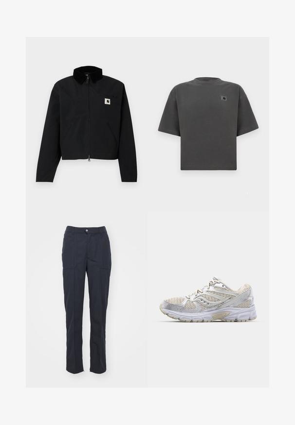 Schwarze Zip-Jacke mit einem Cordkragen, zwei seitlichen Taschen, einer mit Reißverschluss versehenen Brusttasche und einem weißen Carhartt-Logopatch auf der Brust.; Dunkelgraues übergroßes T-Shirt mit kurzen Ärmeln, Rundhalsausschnitt und kleinem Carhartt-Logo-Patch auf der linken Brust.; Dunkelblaue Hose mit geradem Schnitt, ausgestattet mit zwei Fronttaschen, einem Knopfverschluss und einer glatten Stofftextur.; Leichte Laufschuhe mit einem weißen Mesh-Obermaterial und silbernen Akzenten, gepolstertem Sohlen und einem strukturierten Gummi-Außensohle für Grip.