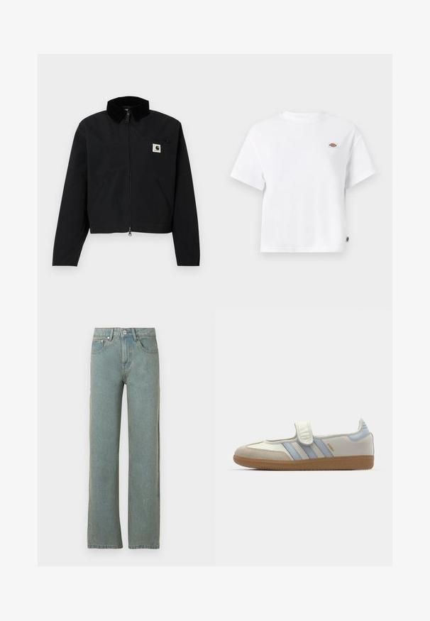 Zwarte ritsjack met een corduroy kraag, twee zijzakken, een ritssluiting op de borst en een wit Carhartt-logo patch op de borst.; Witte katoenen T-shirt met een relaxte pasvorm, voorzien van een klein logo-opdruk op de borst en een label aan de zijkant voor een extra detail.; Lichtblauwe rechte jeans van denim, met vijf zakken, een knoop- en ritssluiting, en subtiele vervaging op de stof.; adidas Originals SAMBA JANE BALLERINA - Ballerina's met enkelbandjes - cloud white/halo blue