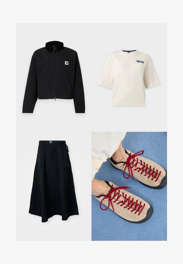 Čierna bunda na zips s kordovým golierom, dvoma bočnými vreckami, zipsovým vreckom na hrudi a bielym logom Carhartt na hrudi.; Biele tričko s krátkym rukávom s malým modrým logom The North Face v hornej ľavej časti hrudníka.; Čierna dlhá sukňa vyrobená z pevnej látky, s plochým pásom a sponou a bočnými vreckami. Logo detail na prednej strane.; Béžové topánky s červenými šnúrkami sú položené na modrej textúrovanej ploche, pričom čiastočne odhaľujú členok osoby. Topánky majú športový dizajn.
