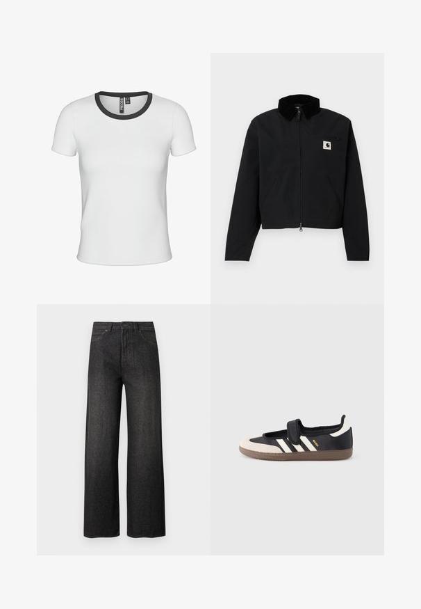 Veste zippée noire avec un col en velours côtelé, deux poches latérales, une poche poitrine zippée, et un écusson blanc Carhartt sur la poitrine.; T-shirt blanc à côtes avec un col rond présentant une bordure contrastante noire. Manches courtes et coupe ajustée.; Jean noir taille haute à jambes larges avec poches avant, fermeture à boutons et passants pour ceinture sur un fond clair uni.; Baskets noires et beiges avec une bride en velcro, trois bandes blanches sur le côté, et une semelle en caoutchouc marron texturée. Logo de la marque visible.