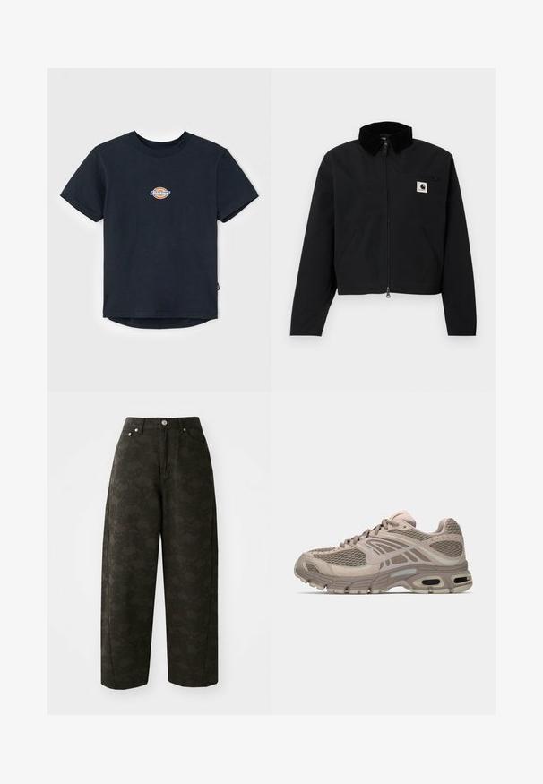 Chaqueta negra con cremallera y cuello de pana, dos bolsillos laterales, un bolsillo en el pecho con cremallera y un parche blanco con el logo de Carhartt en el pecho.; Camiseta de algodón negra con mangas cortas, cuello redondo y un pequeño logo multicolor en el pecho. Tiene un dobladillo recto y la parte trasera es ligeramente más larga.; Pantalones de pierna ancha verde oscuro con un patrón floral texturizado, diseño de cinco bolsillos y cierres de botón metálicos en la cintura.; Zapatilla deportiva beige con parte superior de malla, acentos moldeados, punta redondeada y amortiguación de aire visible en la suela. Cintas en tono neutro.