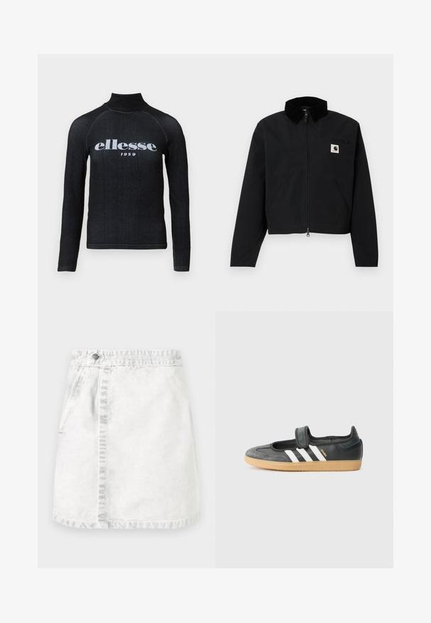Sort zip-jakke med en kordfløjskrave, to sidelommer, en lynlåslomme på brystet og et hvidt Carhartt-logo-patch på brystet.; Sorte langærmet top med høj krave, udstyret med et hvidt trykt "ellesse 1959" logo over brystet; glat, strækbart stof.; Denim nederdel i lysegrå. A-line design med frontlommer, en synlig søm ned ad midten og en enkelt metalknap i taljen.; Sort læder- og ruskinds sneakers med en Velcro-rem, der har tre hvide striber og en gummisål, mærket "SAMBA" på siden.