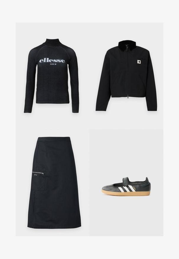 Zwarte ritsjack met een corduroy kraag, twee zijzakken, een ritssluiting op de borst en een wit Carhartt-logo patch op de borst.; Zwarte longsleeve top met een hoge kraag, voorzien van een witte bedrukte "ellesse 1959" logo op de borst; zachte, rekbare stof.; Zwarte knielange rok met een zijzak met ritssluiting waarop het "obey" logo staat, tegen een effen achtergrond.; Zwarte leren en suède sneaker met een klittenbandsluiting, voorzien van drie witte strepen en een gumzool, met de naam "SAMBA" aan de zijkant.