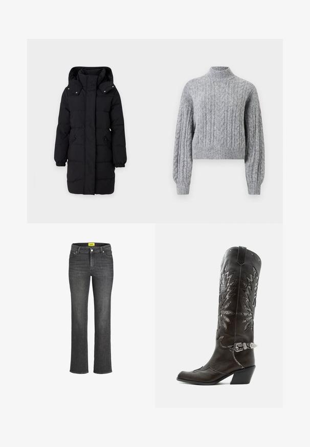 JDY Puffer JDYAJA Puffer - Zimný kabát - black; Svetlý šedý svetár z vlnenej priadze s vysokým golierom, dlhými vyp puff sleeves a rebrovanými manžetami a dolným okrajom.; Tmavé šedé džínsy s rovnými nohavicami, štýl s piatimi vreckami a žltou značkovou etiketou na páse. Zatváranie na kovový gombík.; Čierna kožená kovbojská čižma s dekoratívnymi výrezmi, striebornou prackou a šikmým podpätkom, zobrazovaná na bielom pozadí.