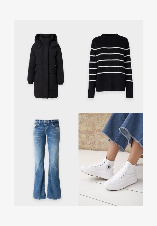 JDY Puffer JDYAJA Puffer - Wintermantel - black; Vero Moda Tall VMFLAWLESS - Trui - black/birch; Lichtblauwe denim flared jeans met een vervaagde wassing, vijf zakken, gestikte details en een rits met knopsluiting.; Persoon draagt witte hoge Converse-sneakers met dikke zolen en korte jeans met rafelige zoom tegen een bakstenen muur en witte vloer.