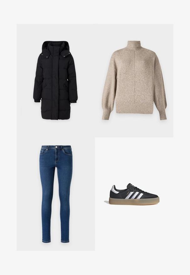 JDY Puffer JDYAJA Puffer - Wintermantel - black; Vero Moda VMDOFFY - Trui - sepia tint; Skinny denim jeans in donkerblauw. Beschikt over een klassieke vijf-pocketstijl, metalen knoopsluiting en subtiele stiksels langs de naden.; Zwarte leren sportschoen met drie zilveren strepen, een gestructureerde neus en een gumrubberen zool. Bevat een gevoerde schacht en vetersluiting.