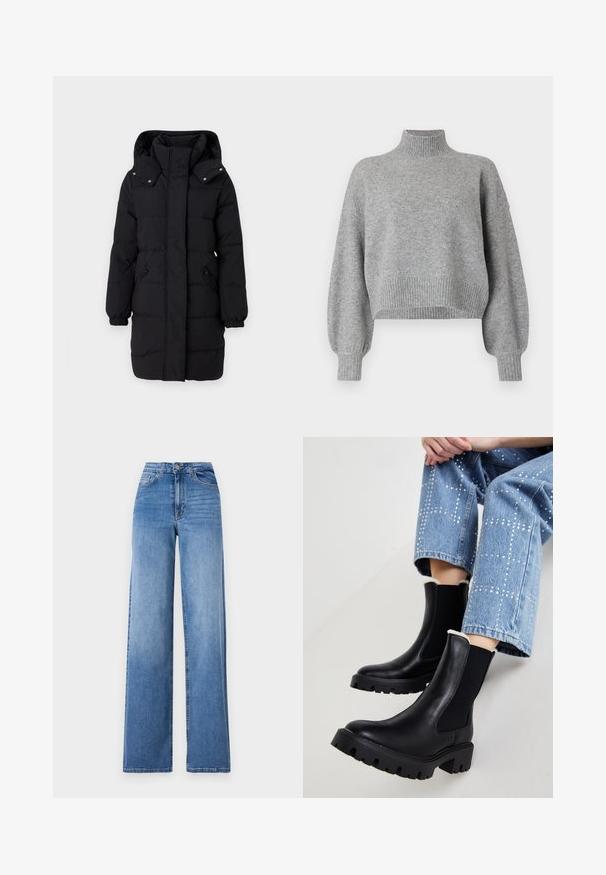 JDY Puffer JDYAJA Puffer - Vinterfrakke - black; Grå cropped sweater med høj krave, ribbede mansjetter og kant, samt droppede skuldre. Blød tekstur med minimale sømme.; Lyseblå vide denimbukser med høj talje, frontlommer og standard knaplukning. Glat tekstur.; Sorte læder ankelstøvler med elastiske sidepaneler, teksturerede klodsede såler og lammeskindforing øverst, parret med lyseblå dekorerede jeans.