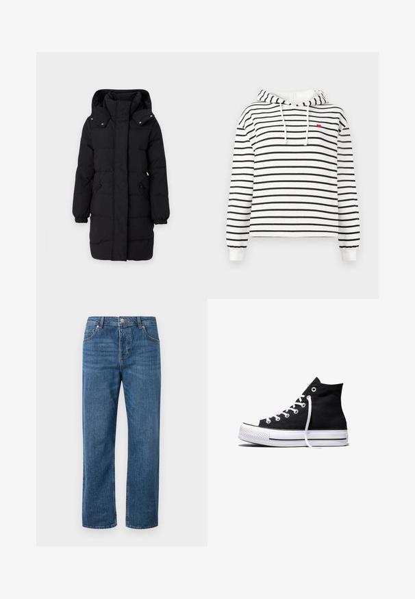 JDY Puffer JDYAJA Puffer - Zimný kabát - black; Biely mikina s čiernymi horizontálnymi pruhmi, prednými šnúrkami a malým červeným srdiečkom vyšívaným na ľavej hrudi.; Modré denimové džínsy s rovným strihom a vysokým pásom. Medzi funkcie patrí predné vrecká, zapínanie na gombík a jemné detaily šitia.; Čierna vysoká plátenná teniska s bielou gumovou podrážkou a bielymi šnúrkami, zobrazená zboku na bielom pozadí.