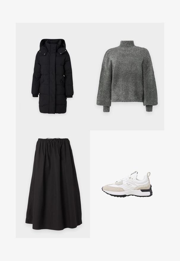 JDY Puffer JDYAJA Puffer - Vinterfrakke - black; Metallic grå, højhalset sweater med lange, let oversized ærmer. Tekstureret, glitrende stof med en afslappet pasform og ribbemanchetter.; Sort løstsiddende midinederdel med elastisk taljebånd og snøre, lavet af letvægtsstof.; Hvid og beige sneaker med ruskind og mesh-materialer, teksturerede detaljer, en rundet tå og en gummisål. Har logo på siden.
