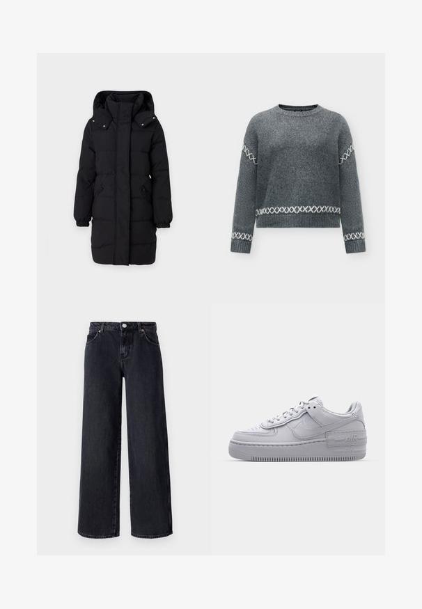 JDY Puffer JDYAJA Puffer - Zimný kabát - black; Sivý pletený sveter s dlhými rukávmi s bielymi vzormi krížikových stehmi na rukávoch, manžetách a pri spodnom okraji, s okrúhlym výstrihom.; Vero Moda Petite VMREMY MR WIDE - Široké nohavice - black denim; Šedé tenisky Nike Air Force 1 s perforovanou špičkou, hladkým koženým zvrškom, hrubou podrážkou a embosovaným detailom 'AIR' na päte.