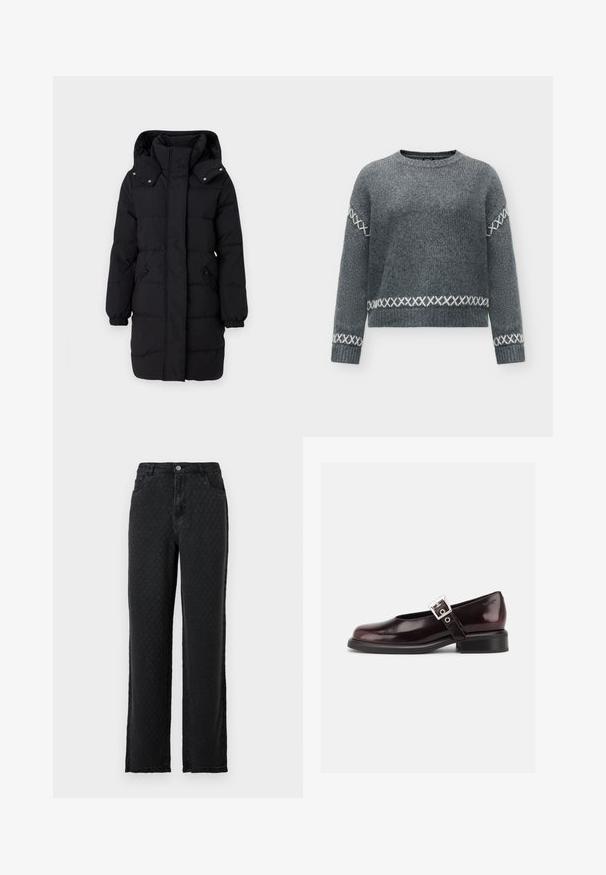 JDY Puffer JDYAJA Puffer - Manteau d'hiver - black; Pull gris tricoté à manches longues avec motifs en point de croix blancs sur les manches, les poignets et près de l'ourlet, avec un col rond.; Jeans larges noirs texturés avec poches avant et fermeture à bouton sur fond uni.; Chaussure Mary Jane unique brillante couleur bordeaux foncé avec une large bride et une boucle argentée, talon bloc bas et bout arrondi sur fond blanc.