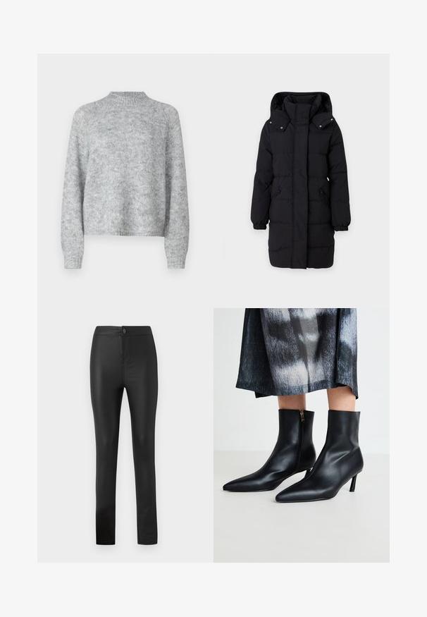 JDY Puffer JDYAJA Puffer - Wintermantel - black; Lichtgrijze trui met hoge nek, lange mouwen en een losse pasvorm. Gemaakt van een textuur gebreide stof met subtiele kleurvariaties.; Zwarte legging gemaakt van rekbaar, glad materiaal met een aansluitend ontwerp, voorzien van een voorknop en ritssluiting, en rechte pijpen.; Zwarte leren enkellaarsjes met een puntige neus en een ritssluiting aan de zijkant, afgewerkt met een taps toelopende hak. Gladde textuur en strak ontwerp.