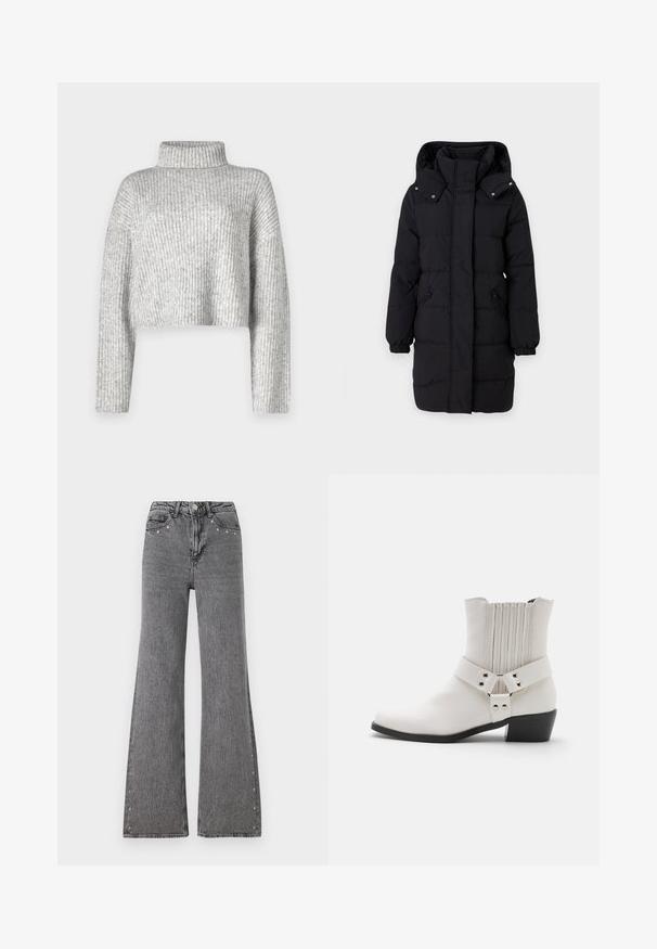 JDY Puffer JDYAJA Puffer - Vinterfrakke - black; Grå cropped sweater lavet af ribstrikket stof, der har en høj krave og lange ærmer, med en blød tekstur og subtil farvevariation.; Bredde ben jeans i grå denim med høj talje, frontlommer og dekorative nitter langs sidesømmene. Glat tekstur.; Hvide læder ankelstøvler med en let spids tå, rynket rygdetalje og en bred rem med spændehardware over anklen.