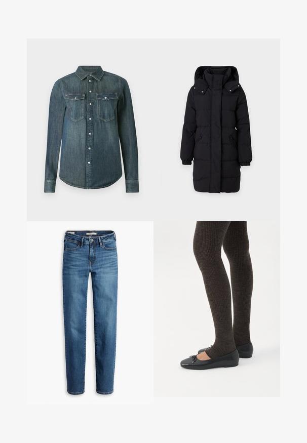 JDY Puffer JDYAJA Puffer - Vinterfrakke - black; Langærmet mørkeblå denimskjorte med knaplukning foran og to brystlommer med klap og knapper.; Denim jeans i en mellemblå nuance med lige ben, fem lommer og lynlås med knaplukning.; Ben iført mørke ribbede leggings kombineret med sorte balletsko med små sløjfedetaljer på hvid baggrund.
