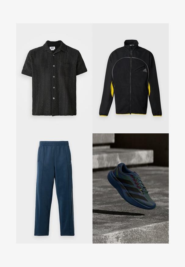 Chaqueta deportiva negra con acentos laterales amarillos. Cuenta con un cuello alto, cierre de cremallera completa y un bolsillo frontal. Hecha de tejido texturizado.; Camisa de ganchillo negra de manga corta con un corte relajado, presenta un cierre de botones en la parte delantera, un bolsillo en el pecho y un patrón texturizado abierto.; Pantalones deportivos azul marino con una cintura elástica, bolsillos laterales y un ajuste estilizado. Tejido suave sin patrones o detalles visibles.; Zapatilla de correr azul oscuro y negra con detalles amarillos flotando sobre unas escaleras de hormigón que proyectan una sombra en el suelo.
