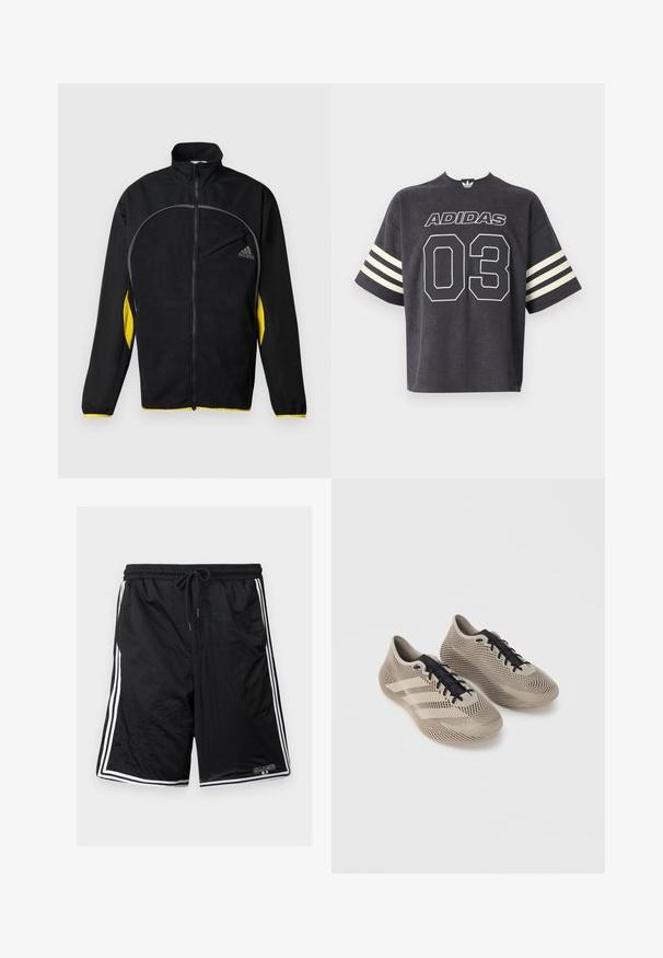 Veste de sport noire avec des accents jaunes sur les côtés. Comprend un col haut, une fermeture éclair intégrale et une poche avant. Fabriquée en tissu texturé.; T-shirt à manches courtes gris foncé côtelé avec le logo blanc "ADIDAS" et grand "03" sur le devant, avec des rayures horizontales crème sur les manches.; Shorts de sport en mesh noir avec des bandes blanches sur les côtés, taille à cordon et petit logo "Billabong" sur la partie inférieure de la jambe gauche.; Paire de chaussures de sport beige avec lacets noirs, présentant un motif rayé texturé et trois bandes latérales sur un fond uni.