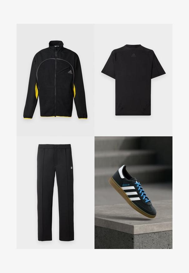 Sort atletisk jakke med gule sidelogoer. Har høj krave, fuld lynlås og en frontlomme. Lavet af struktureret stof.; Sort atletisk T-shirt med korte ærmer, rund halsudskæring og flatlock-sømme. Har et præget logo i den øverste midte. Glat tekstur.; Sorte bukser lavet af glat stof, der har en knaplukning, sidelommer og et lille logo på forsiden. Lige ben design.; Sort Adidas sneaker med hvide striber, blå snørebånd og gummisål, der svæver over gråt betontrin i blødt lys.