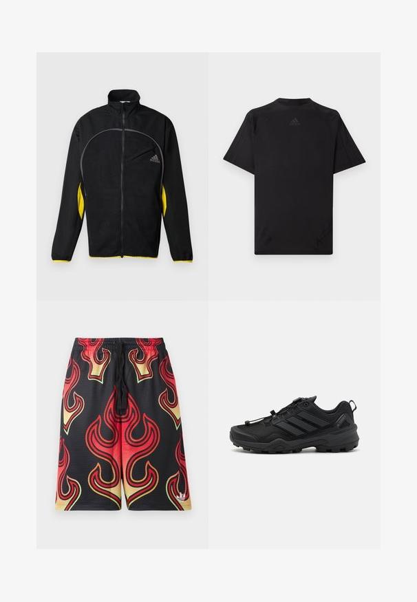 Veste de sport noire avec des accents jaunes sur les côtés. Comprend un col haut, une fermeture éclair intégrale et une poche avant. Fabriquée en tissu texturé.; T-shirt athlétique noir à manches courtes, col rond et coutures plates. Présente un logo embossé au centre supérieur. Texture lisse.; Shorts en mesh noir avec des motifs de flammes rouges, orange et jaunes et un petit logo blanc près de l'ourlet inférieur sur la jambe droite.; Chaussure de sport noire avec une tige en maille texturée, des accents synthétiques contrastants et une semelle en caoutchouc robuste. Comprend un système de laçage sécurisé et un onglet à l'arrière.