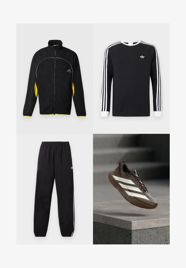 Black athletic jacket with yellow side accents. Features a high collar, full zip closure, and a front pocket. Made of textured fabric.; Black long-sleeve T-shirt with white three-stripe design on sleeves. Features a crew neckline and a small white logo on the chest.; Black Adidas track pants with white side stripes, elastic waistband, and ankle cuffs, featuring a small logo on the upper thigh.; Brown athletic shoe with white stripes and black laces floating above a concrete ledge with gray stairs in the background.