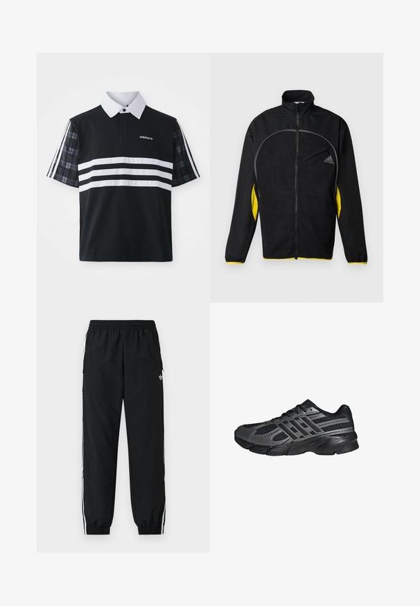 Zwarte sportjack met gele zijaccenten. Heeft een hoge kraag, volledige ritssluiting en een voorkrui. Gemaakt van textuurstof.; Zwarte polo met witte strepen en logo; heeft korte geruite mouwen en een witte kraag met een knoopsluiting.; Zwarte sportbroek met een elastische tailleband en gerimpelde boorden. Voorzien van witte zijstrepen en een klein logo aan de voorkant links.; Zwarte sportschoenen gemaakt van mesh en synthetische materialen, met een getextureerd oppervlak, meerdere grijze strepen en een gevoerde kraag.