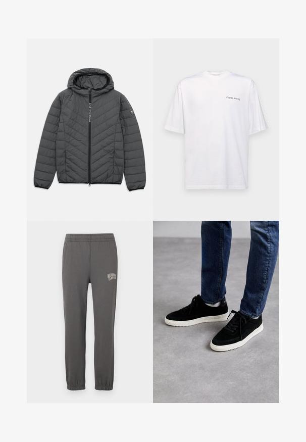 Mørkegrå polstret hættejakke med skrå quiltning, central lynlås, elastiske manchetter og brandlogo på venstre ærme og lynlås.; Hvid kortærmet t-shirt i bomuld med v-hals, med et sort "FILLING PIECES" logo trykt på venstre side.; Grå sweatpants med elastisk livrem, tætsiddende manchetter og et lille hvidt logo med teksten "Billionaire Boy Club" på venstre lår.; Sorte ruskind sneakers med en hvid gummisål, der har et klassisk low-top design, rundt tå og flade sorte snørebånd.