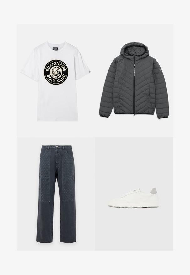 Mørkegrå polstret hættejakke med skrå quiltning, central lynlås, elastiske manchetter og brandlogo på venstre ærme og lynlås.; Hvid bomulds t-shirt med et sort og guld cirkulært grafisk motiv af en astronaut sammen med teksten "BILLIONAIRE BOYS CLUB". Korte ærmer, rund hals.; Mørkegrå jeans med bred benudskæring, der har dekorative lapper på forsiden med et subtilt blomstermønster og standardlomme-detaljering.; Hvid lavtop-sneaker med gråt hælflig, hvide snørebånd og tekstureret sål, vist på en ensfarvet lys baggrund.