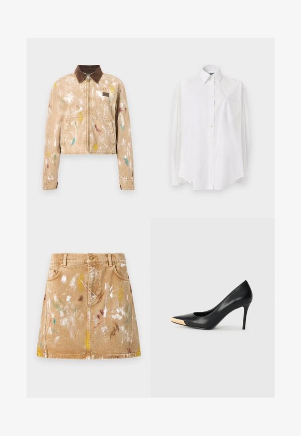 Veste beige à fermeture éclair avec col en velours côtelé marron et éclaboussures de peinture multicolores, poches avant et petite plaque en cuir sur la poitrine.; Chemise blanche à manches longues en tissu léger, dotée d'un col classique, d'une fermeture à boutons et d'une poche en forme de cœur sur le côté gauche.; Jupe en jean beige avec poches avant et éclaboussures de peinture blanche, jaune, verte, bleue et brune, créant un look artistique décontracté.; Pompe à talon haut en cuir noir avec bout pointu ; présente une accentuation métallique dorée sur le capuchon. Surface lisse avec un design épuré.