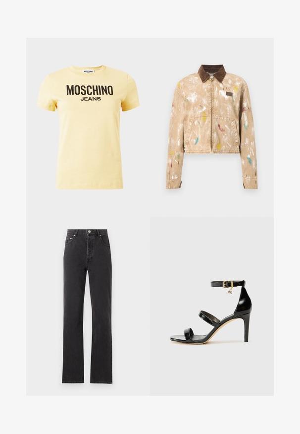Veste beige à fermeture éclair avec col en velours côtelé marron et éclaboussures de peinture multicolores, poches avant et petite plaque en cuir sur la poitrine.; T-shirt à manches courtes jaune clair avec le texte logo "MOSCHINO JEANS" en noir centré sur le devant, sur un fond uni.; Jean noir taille haute à jambes droites, fermeture devant par bouton et zip, poches avant et arrière, présenté sur un fond clair uni.; Sandale en cuir verni noir avec trois brides, boucle de cheville et talon aiguille de 10 cm. Présente un détail en métal doré et un charm logo.