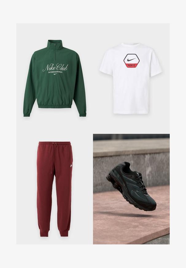 Jersey de manga larga de color verde oscuro con cremallera hasta el cuarto, puños y bajo elásticos, con el texto "Nike Club International" y pequeño logo de Nike Swoosh.; Camiseta blanca de manga corta de Nike con un logo hexagonal rojo y negro que presenta el símbolo de Nike y el nombre de la marca en el pecho.; Pantalones de chándal burdeos hechos de una tela suave, con una cinturilla elástica y cordón, y puños ajustados, marcados con un pequeño logotipo blanco.; Zapatilla deportiva negra con entresuela visible con amortiguación de aire que flota sobre una superficie de piedra rosa con un fondo de pared de piedra gris.