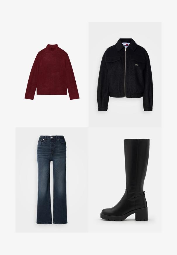 Mustat fleece-takit, joissa on vetoketjukiinnitys, kärkitaskut, kaksi rintataskua ja joustavat hihansuut. Siinä on hienovaraisia kultaisia yksityiskohtia brändäyksessä.; Burgundy turtleneck neule, kudottu, jossa on ribbikuviointi kauluksessa ja hihoissa, ja jonka muoto on laatikkomainen ja pehmeä rakenne.; Tummansiniset leveät farkut, valmistettu denimmateriaalista. Korkeavyötäröinen malli, jossa on etunapit ja sivutaskut. Sujuva pinta ja klassinen leikkaus.; Even&Odd Platform-saappaat - black