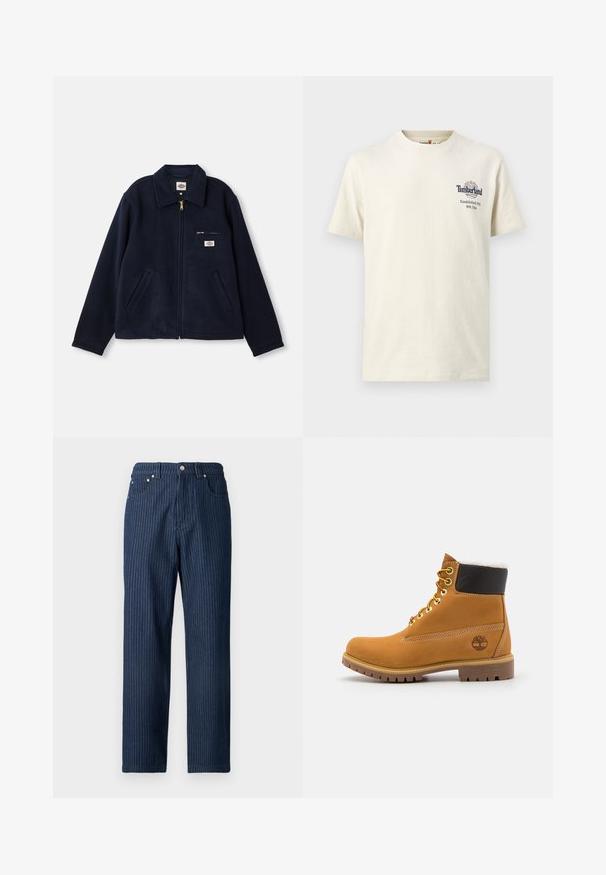 Veste polaire bleu marine à fermeture éclair intégrale, col plat, deux poches latérales et une poche poitrine zippée arborant un logo de marque.; T-shirt à manches courtes et col rond de couleur blanc cassé avec petit logo Timberland et texte sur le côté gauche de la poitrine indiquant "Established 1973 NH, USA."; Pantalon en denim bleu foncé avec fines rayures blanches verticales, coupe droite, cinq poches et garnitures métalliques à la taille.; Bottine en cuir brun avec œillets en métal, doublure en fourrure blanche, col rembourré noir, semelle robuste et logo en relief sur le côté.