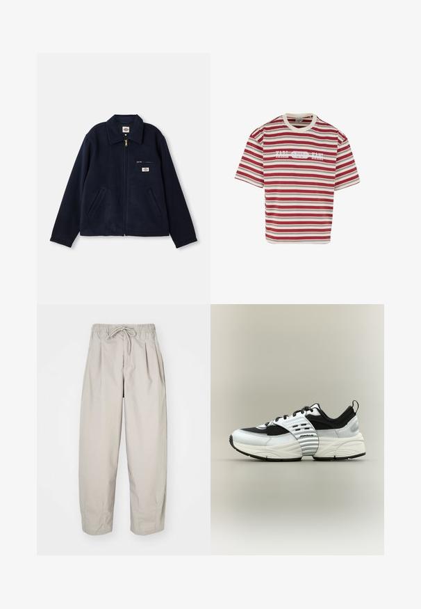 Tummansininen fleece-tikkijakku, jossa on täysi vetoketju, litteä kaulus, kaksi sivutaskua ja vetoketjullinen rintatasku, jossa on brändilogo.; Lyhythihainen, punavalkoraidallinen T-paita, jossa valkoinen "KARL KANI" -tekstilogo rinnassa.; Haal beige, kevyet housut, joissa on joustava vyötärö ja nauhakuulut. Täydentää pleatit ja löysä istuvuus, valmistettu pehmeästä, sileästä kankaasta.; Valkoinen ja musta matala tennari, jossa verkkokangas- ja nahkakaistaleita, paksu pohja ja kohokuvioitu keskijalan remmi, jossa teksti "Jordan" neutraalilla taustalla.